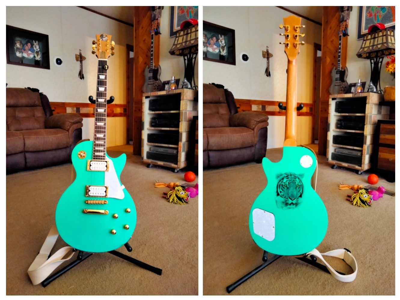 Collage of custom guitar build photos